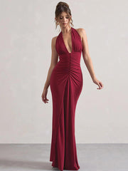 Halter Ruched Backless Formal Dress