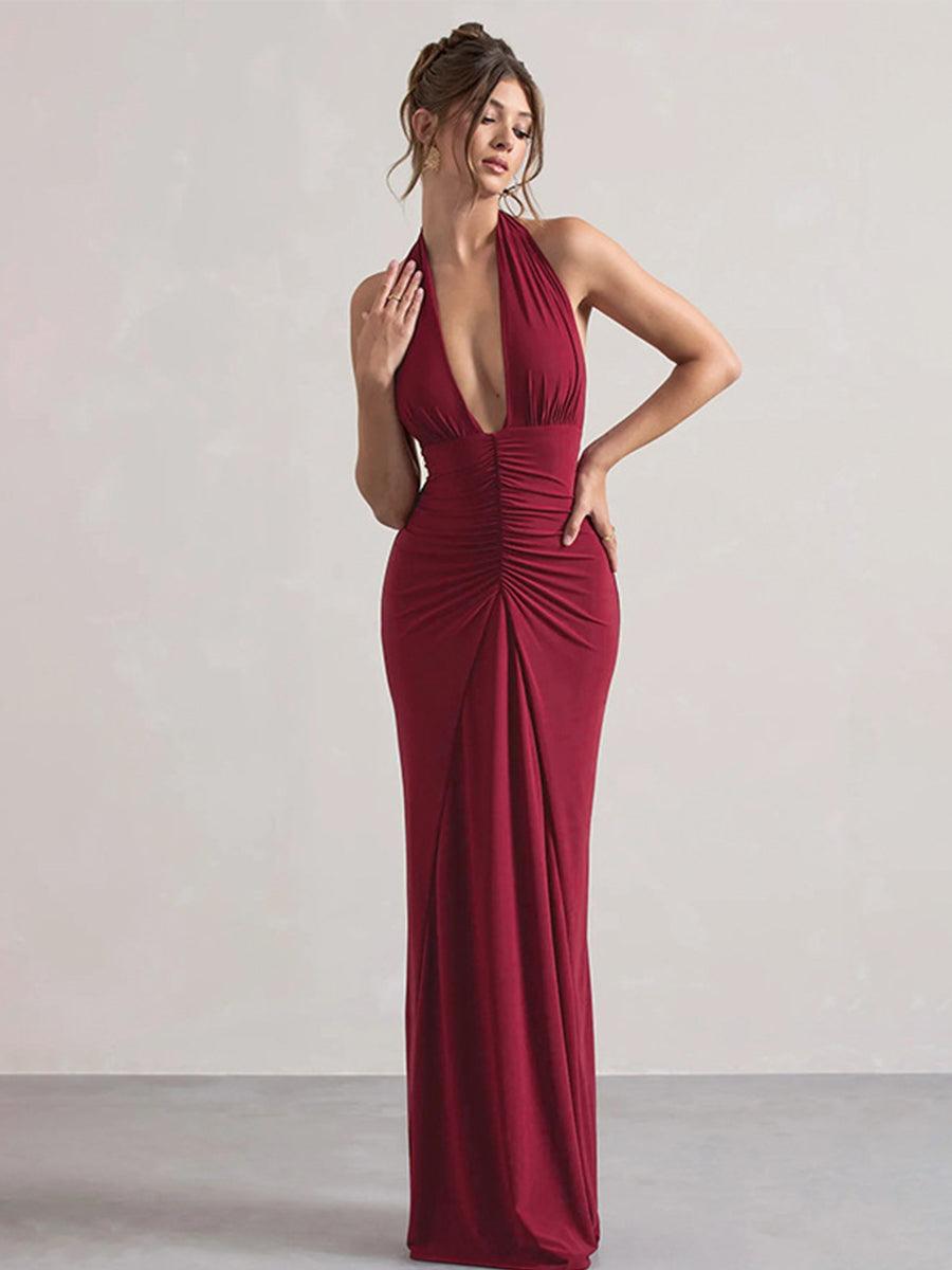 Halter Ruched Backless Formal Dress
