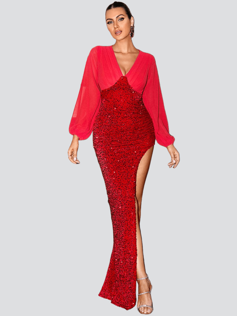 Long Chiffon Sleeve Red Sequin Prom Dress