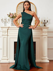 One Shoulder Green Maxi Knit Prom Dress