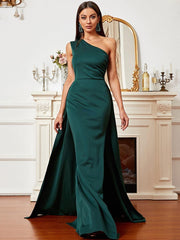 One Shoulder Green Maxi Knit Prom Dress