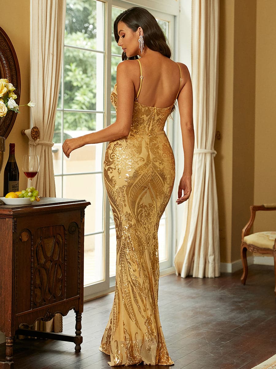Sequin Gold V-neck Backless Mermaid Cocktail Dress