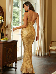 Sequin Gold V-neck Backless Mermaid Cocktail Dress