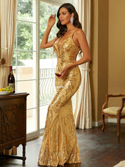 Sequin Gold V-neck Backless Mermaid Cocktail Dress
