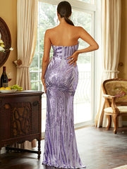 Backless Purple Strapless Sequin Prom Dress