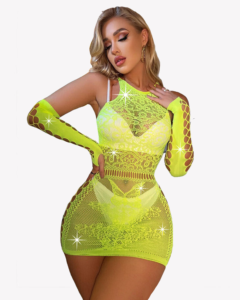 Sparkle Rhinestone Fishnet Chemise With Gloves