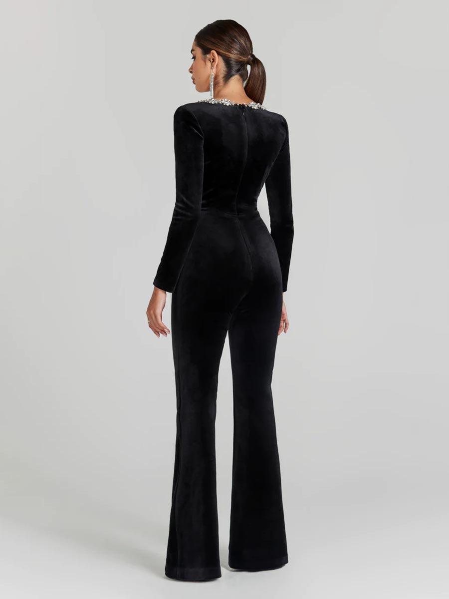 Rhinestone Square Neck Velvet Jumpsuits