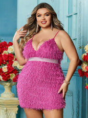 Plus Rosered Fringed Fluffy Sexy Party Dress