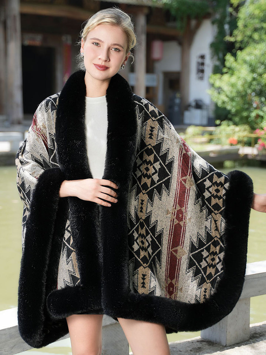Geometric Faux Fur Trim Cape Shawl