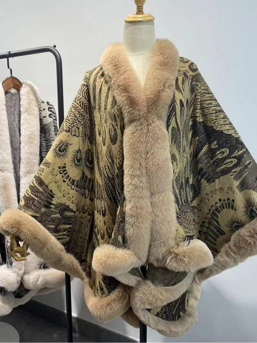 Graphic Elegant Faux Fur Trim Cape Shawl