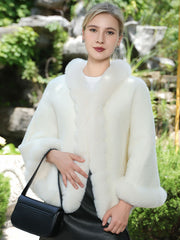 Short Elegant Faux Fur Trim Knitted Poncho Shawl