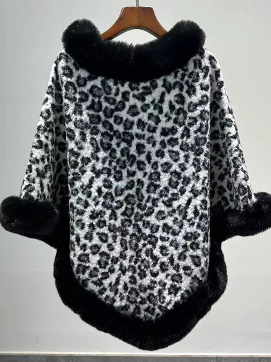 Leopard Print Faux Fur Trim Knitted Poncho Shawl