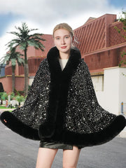 Sequin Solid Elegant Faux Fur Trim Cape Shawl