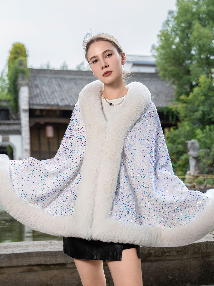 Sequin Solid Elegant Faux Fur Trim Cape Shawl