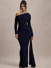 Slash Neck Ribbon Ruched Solid Prom Dress