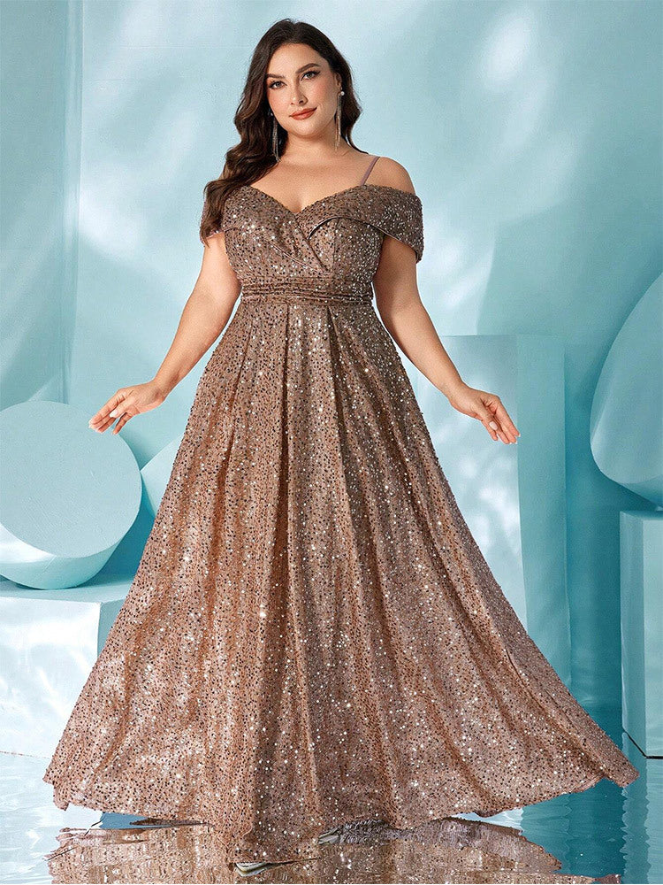 Plus Cold Shoulder Shimmer A-line Prom Dress