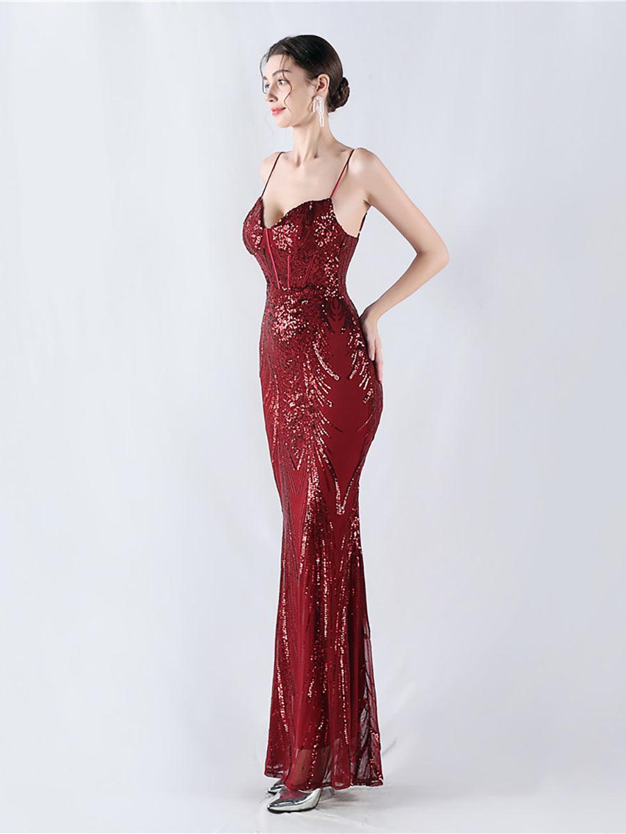 Spaghetti Blue Sequin Coset Prom Dress