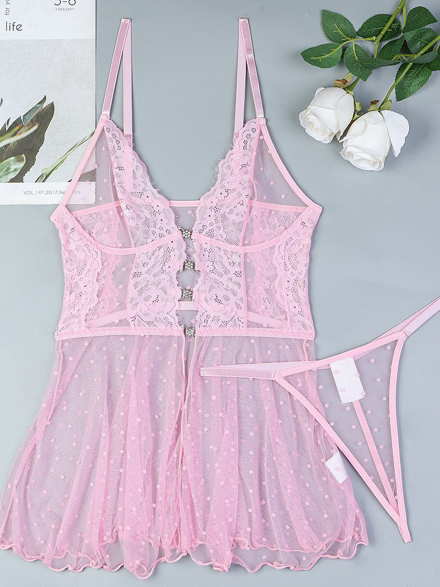 Lavender See-through Sexy Polka Dot Lace Two-piece Set