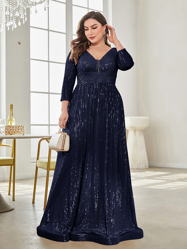 Long Sleeve V-neck Sequin Wedding Guest Dress