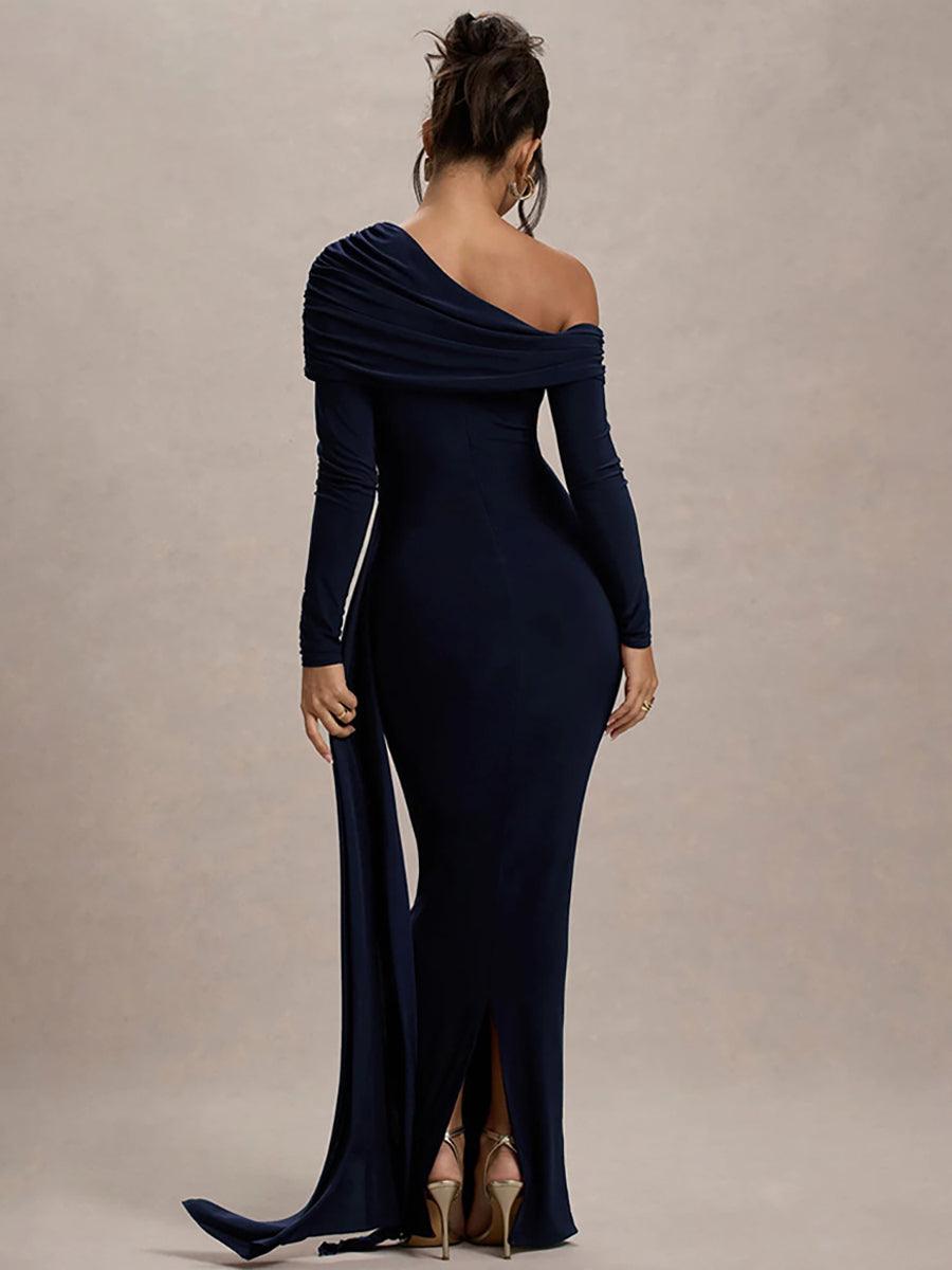 Slash Neck Ribbon Ruched Solid Prom Dress