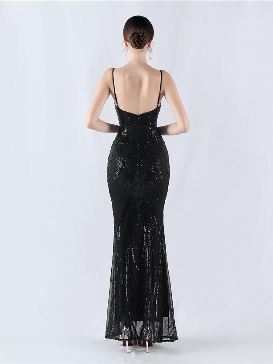 Spaghetti Blue Sequin Coset Prom Dress