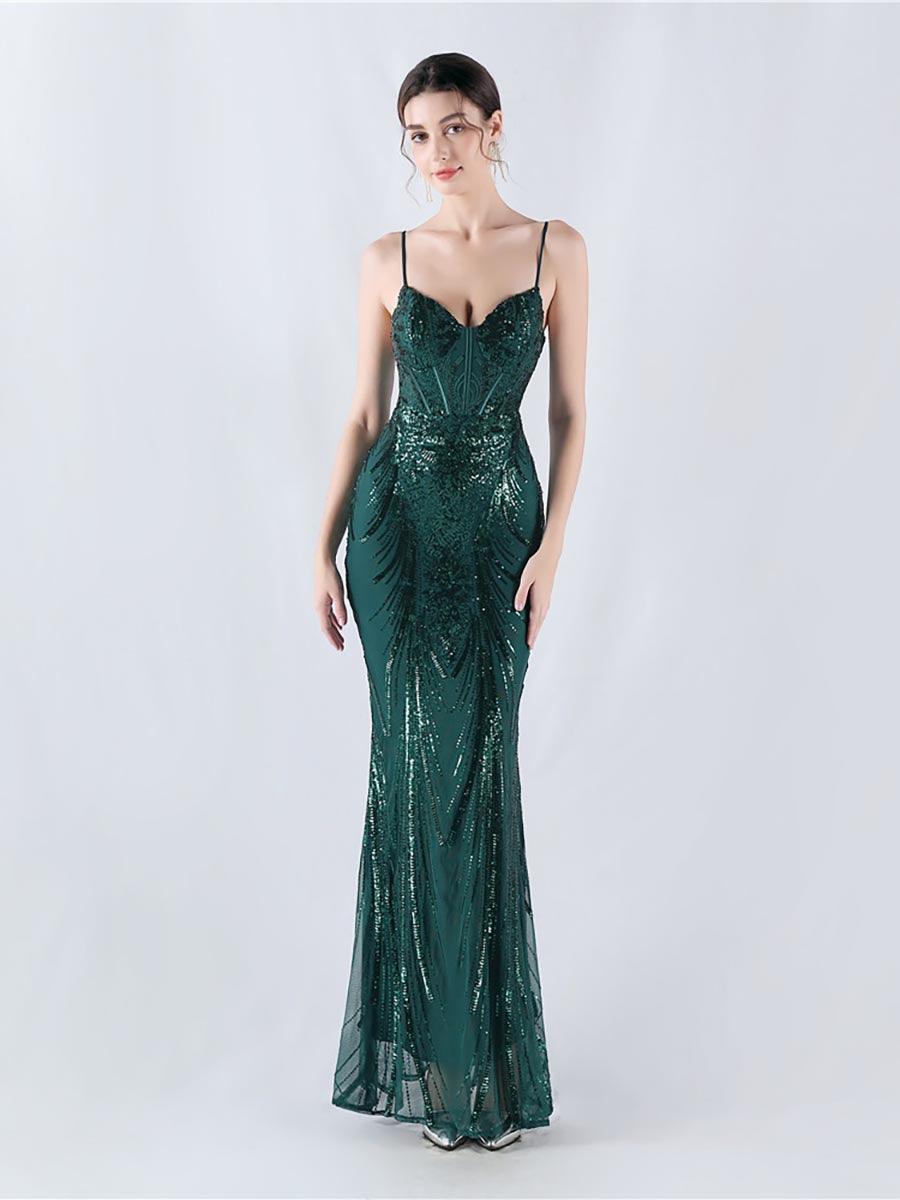 Spaghetti Blue Sequin Coset Prom Dress