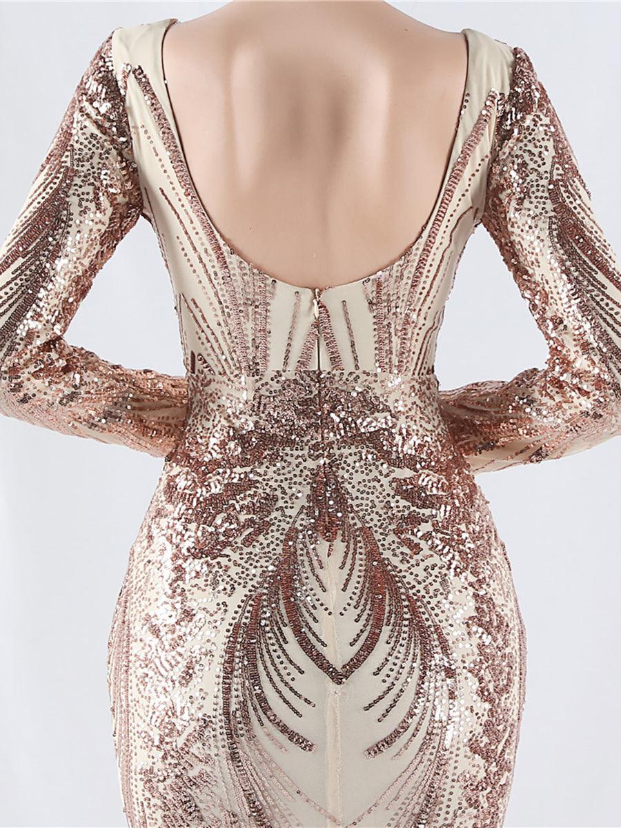 Long Sleeve Sequin V-neck Backless Prom Dress