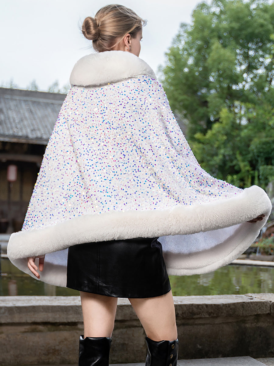 Sequin Solid Elegant Faux Fur Trim Cape Shawl