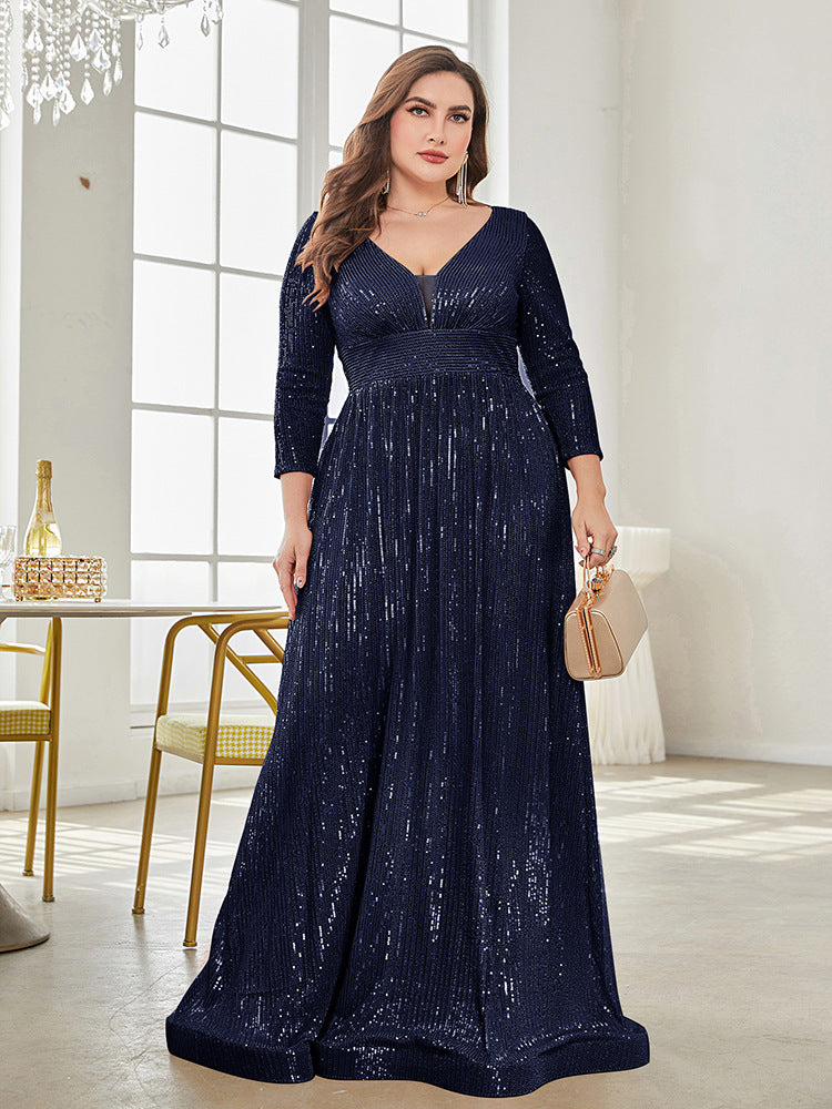 Long Sleeve V-neck Sequin Wedding Guest Dress