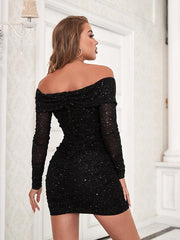 Off Shoulder Sequin Bodycon Long Sleeve Dress