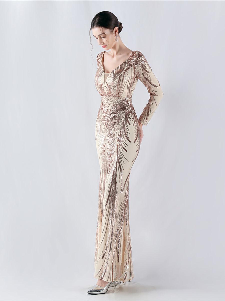 Long Sleeve Sequin V-neck Backless Prom Dress
