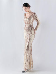 Long Sleeve Sequin V-neck Backless Prom Dress