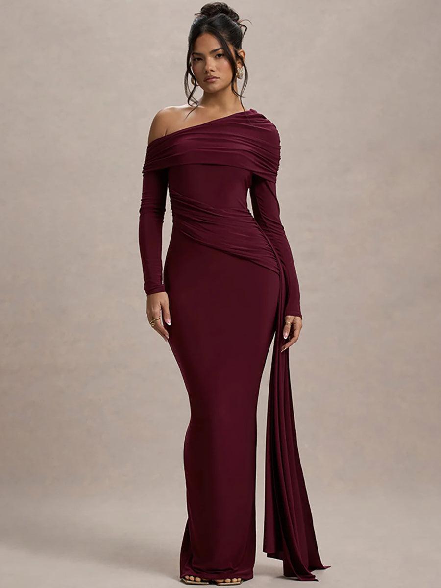 Slash Neck Ribbon Ruched Solid Prom Dress