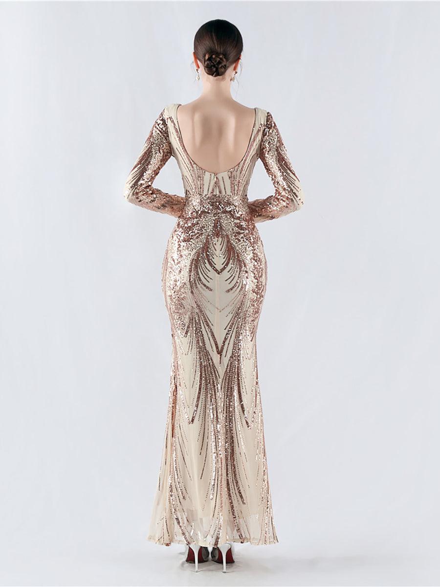 Long Sleeve Sequin V-neck Backless Prom Dress