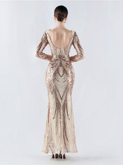 Long Sleeve Sequin V-neck Backless Prom Dress