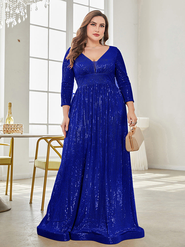 Long Sleeve V-neck Sequin Wedding Guest Dress
