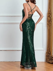 Green Sequin Back Cross Spaghetti Cocktail Dress