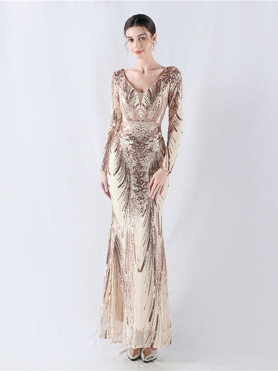 Long Sleeve Sequin V-neck Backless Prom Dress