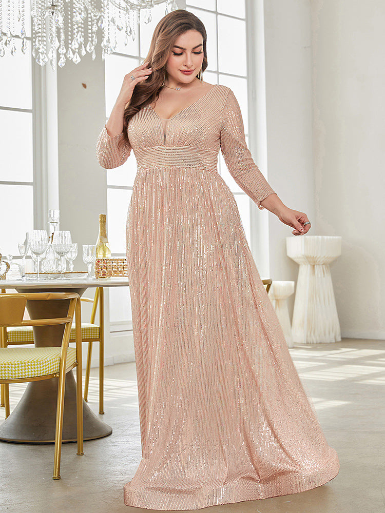 Long Sleeve V-neck Sequin Wedding Guest Dress