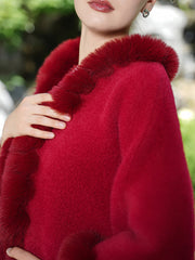 Short Elegant Faux Fur Trim Knitted Poncho Shawl
