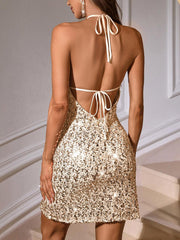 Gold Halter Sequin A-line Mini Party Dress
