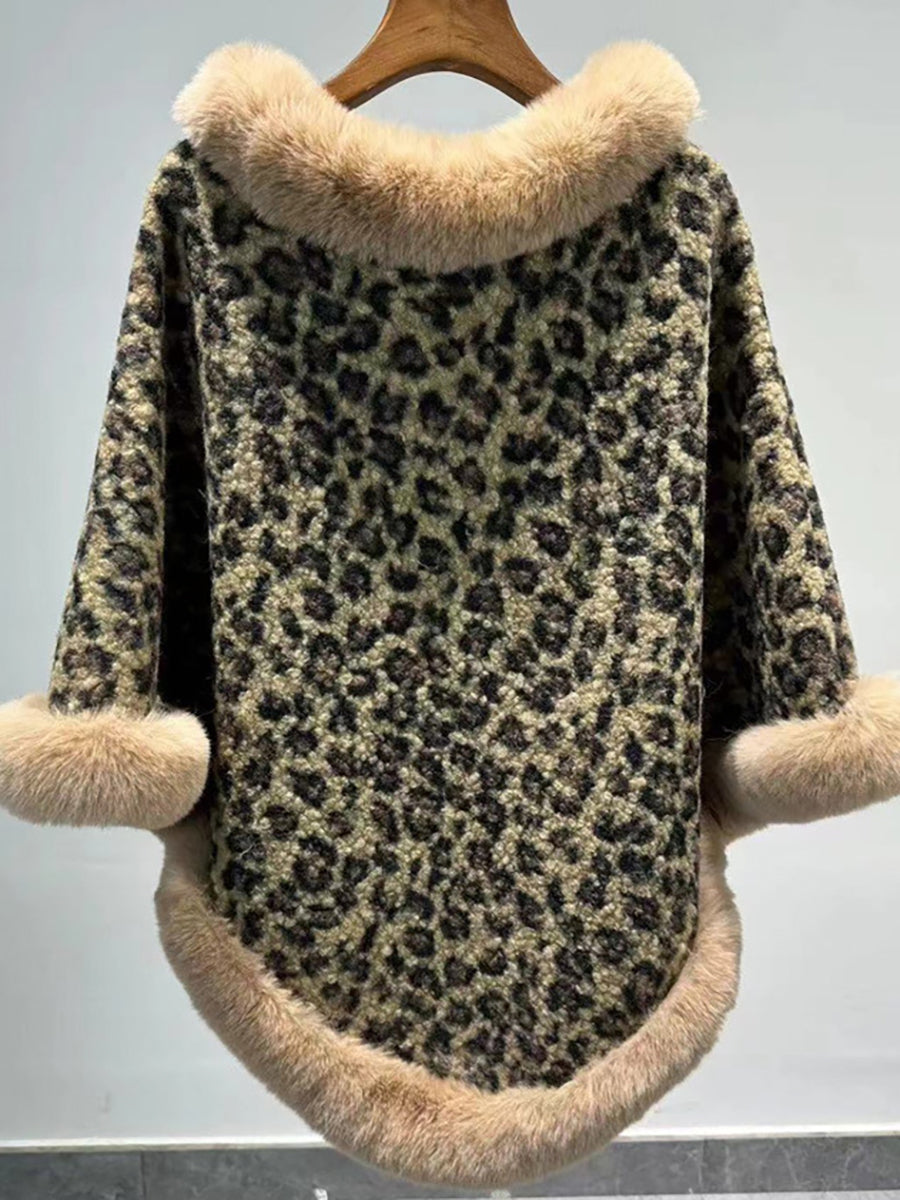 Leopard Print Faux Fur Trim Knitted Poncho Shawl