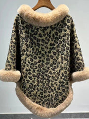 Leopard Print Faux Fur Trim Knitted Poncho Shawl