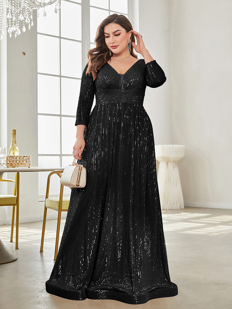Long Sleeve V-neck Sequin Wedding Guest Dress