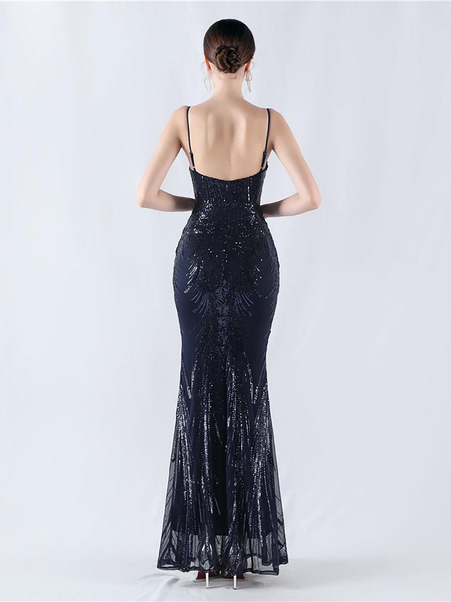Spaghetti Blue Sequin Coset Prom Dress