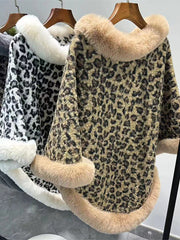 Leopard Print Faux Fur Trim Knitted Poncho Shawl