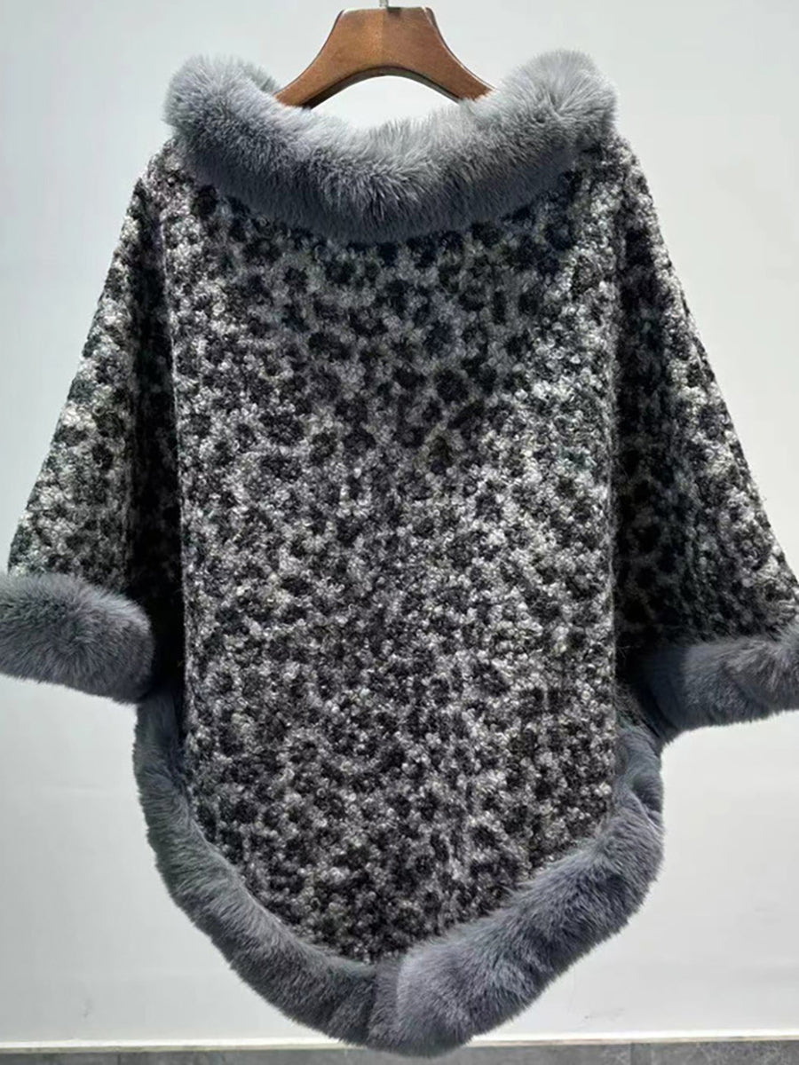 Leopard Print Faux Fur Trim Knitted Poncho Shawl