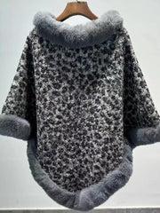 Leopard Print Faux Fur Trim Knitted Poncho Shawl