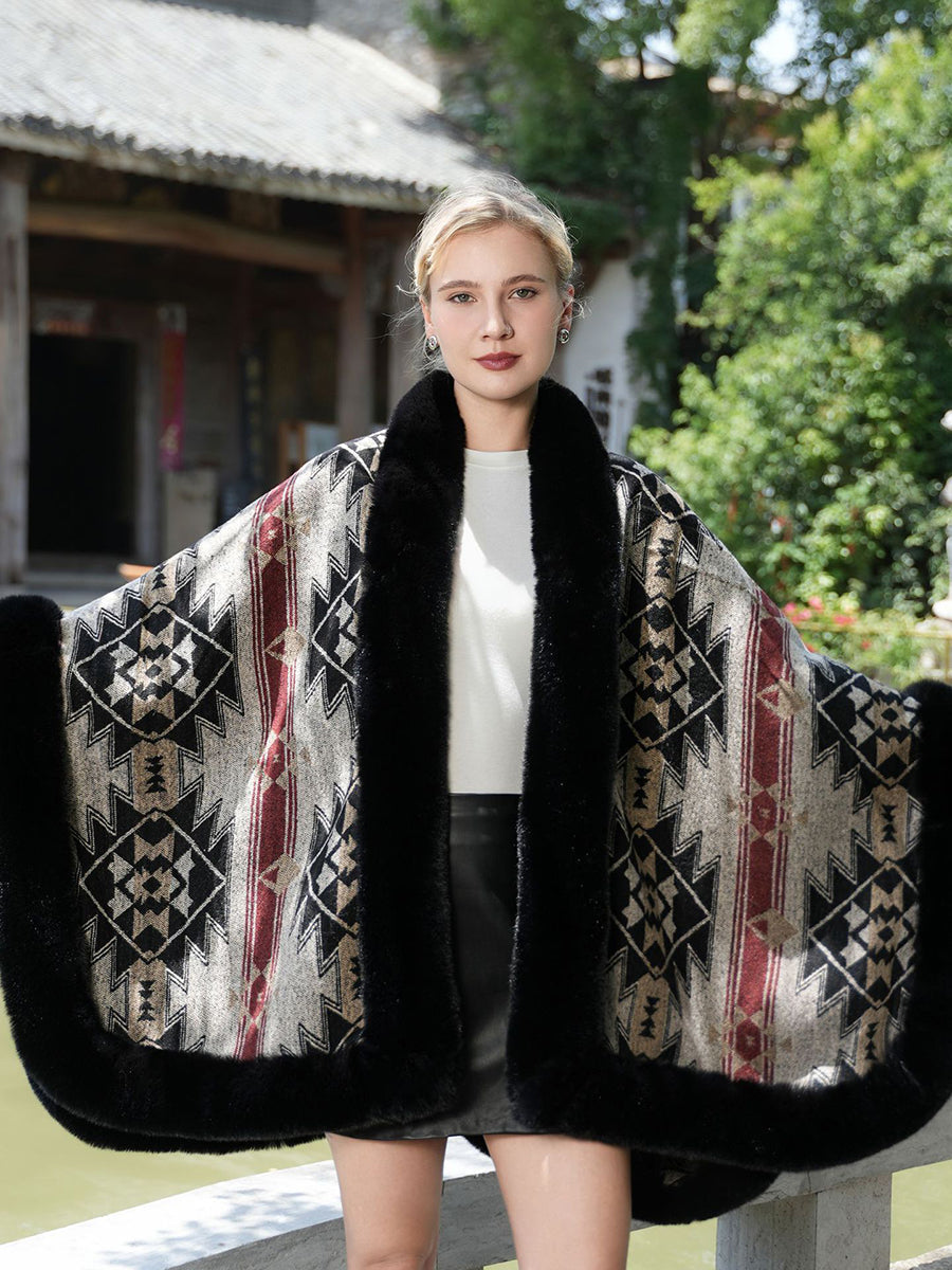 Geometric Faux Fur Trim Cape Shawl