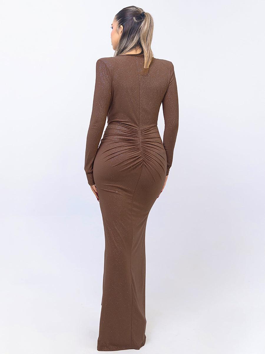 Plung Long Sleeve Ruched Solid Prom Dress